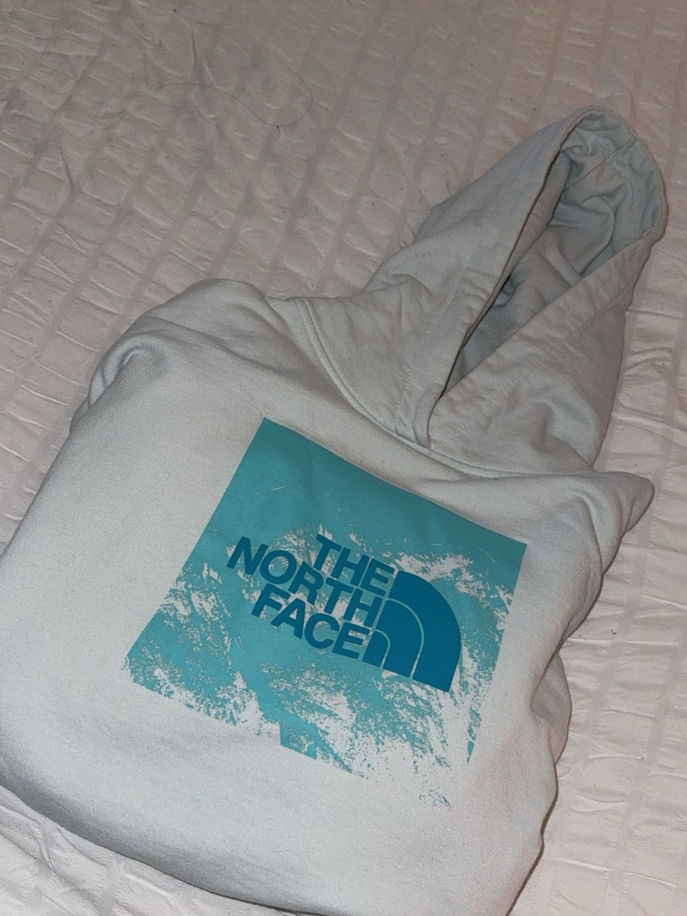 The North Face White Cropped Hoodie with Teal Graphic Logo